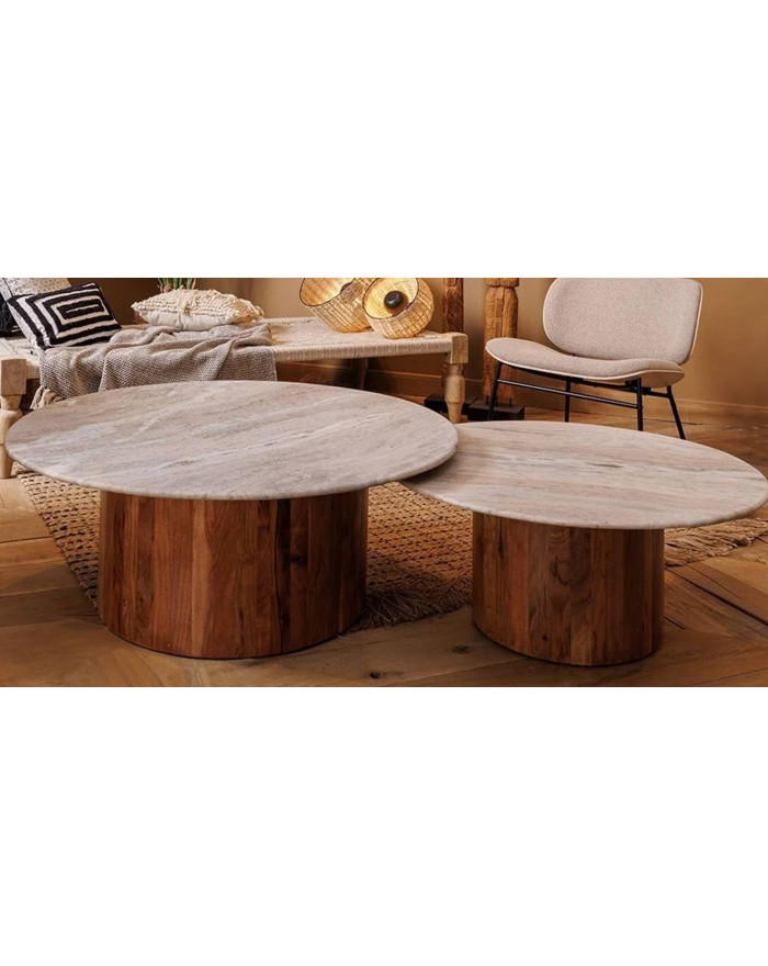 Set 2 tables basses en marbre et bois d'acacia Leone 2