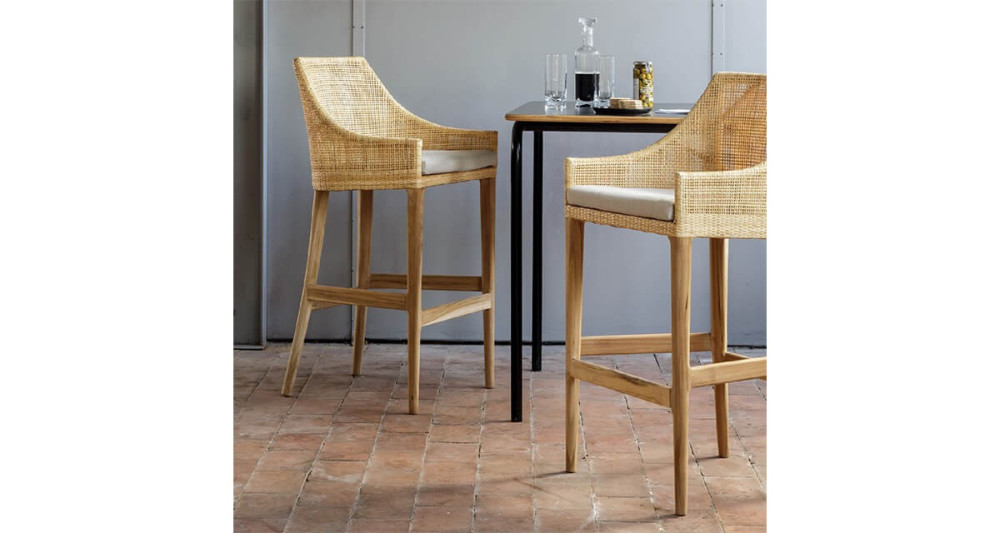 Tabouret de bar Deauville en teck et en rotin naturel
