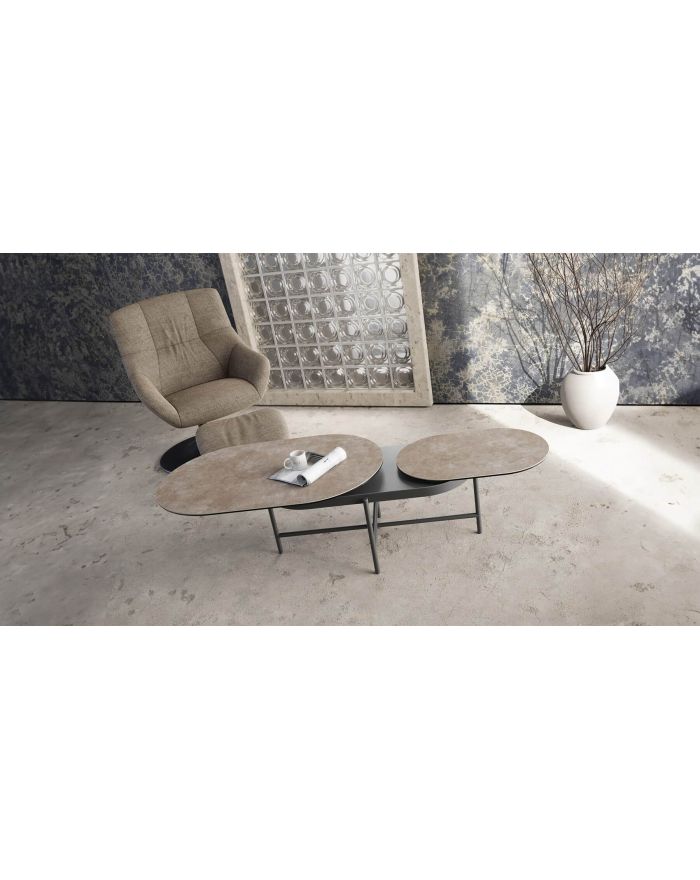 Table basse deux plateaux ovales en céramique et métal Syros argile - 1