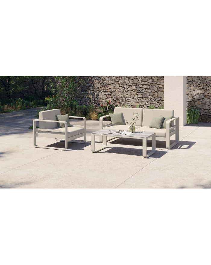 Fauteuil de jardin alu tissu Sunbrella Reno alu sable coussin lin - 1 